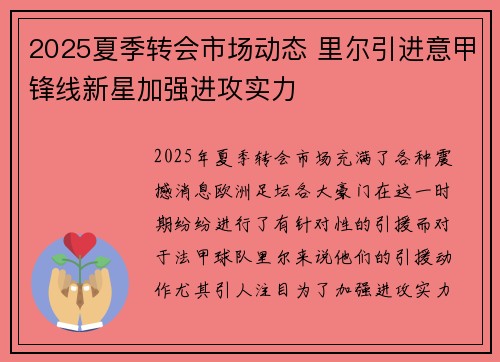 2025夏季转会市场动态 里尔引进意甲锋线新星加强进攻实力